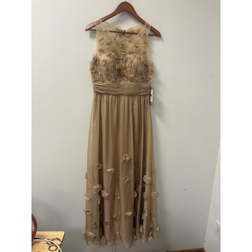 NWD JS Collections Sz 8 Floral Applique Chiffon Gown in Champagne #S560